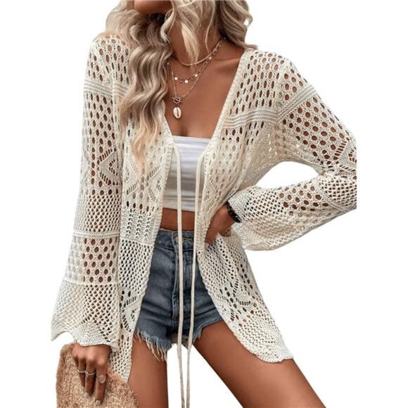 Tie Front Sheer Kimono Cardigan Cover Up Hollow Out Crochet Boho Beach Outfit - Picture 4 of 6